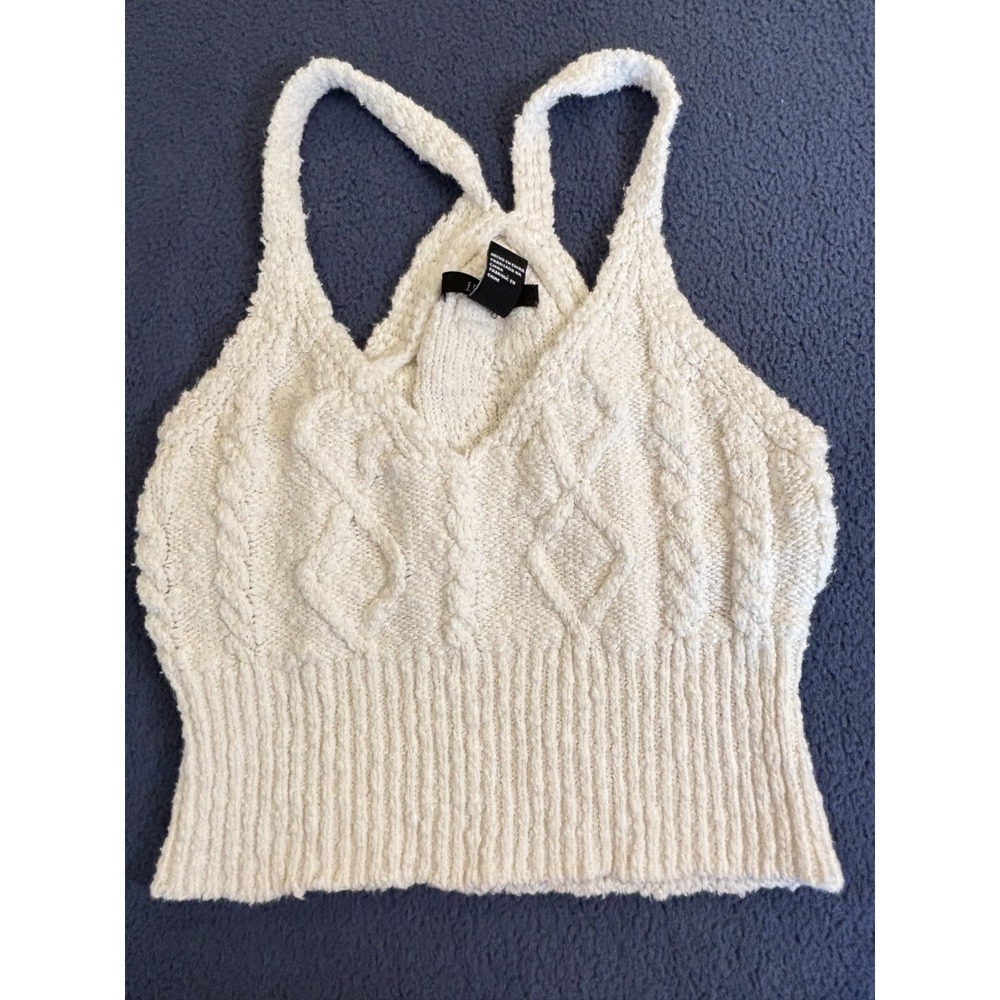Forever 21 Cropped Sweater Top Womens Small White Cable Knit V‎ Neck Ribbed Trim